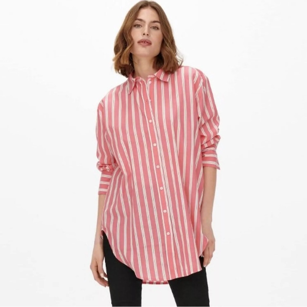 Zara Pink and White Stripe Cotton Blend Button Down Shirt Blouse